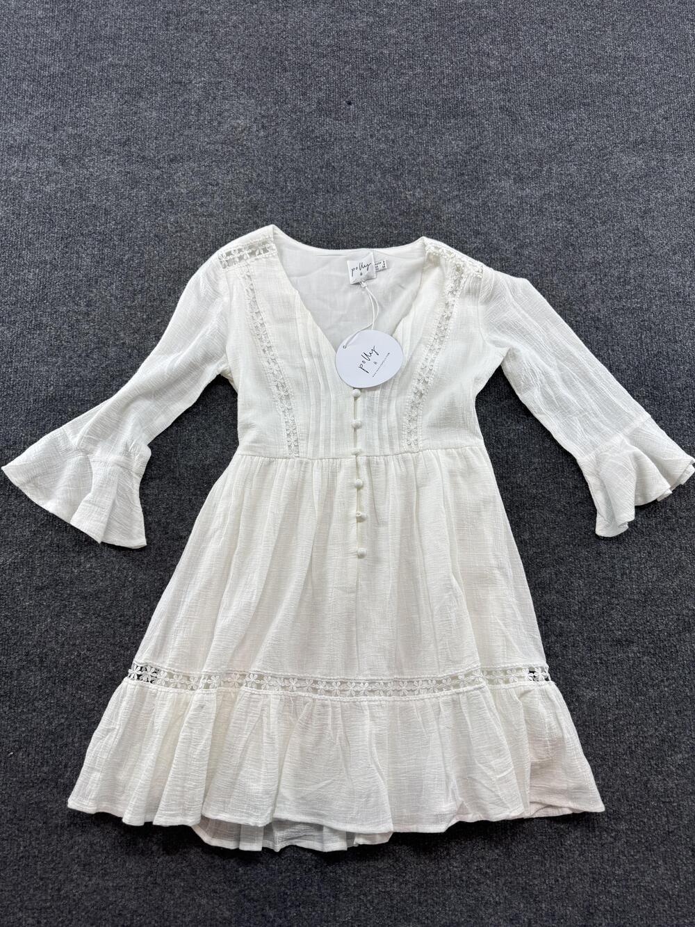 Princess Polly Dress Womens 2 White Chlo Mini Boho Crochet Bell Sleeve Lined